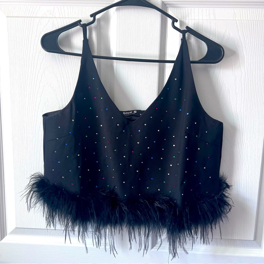 Blue B Collection Black Rhinestone Night Out Crop Top Feather Hemline